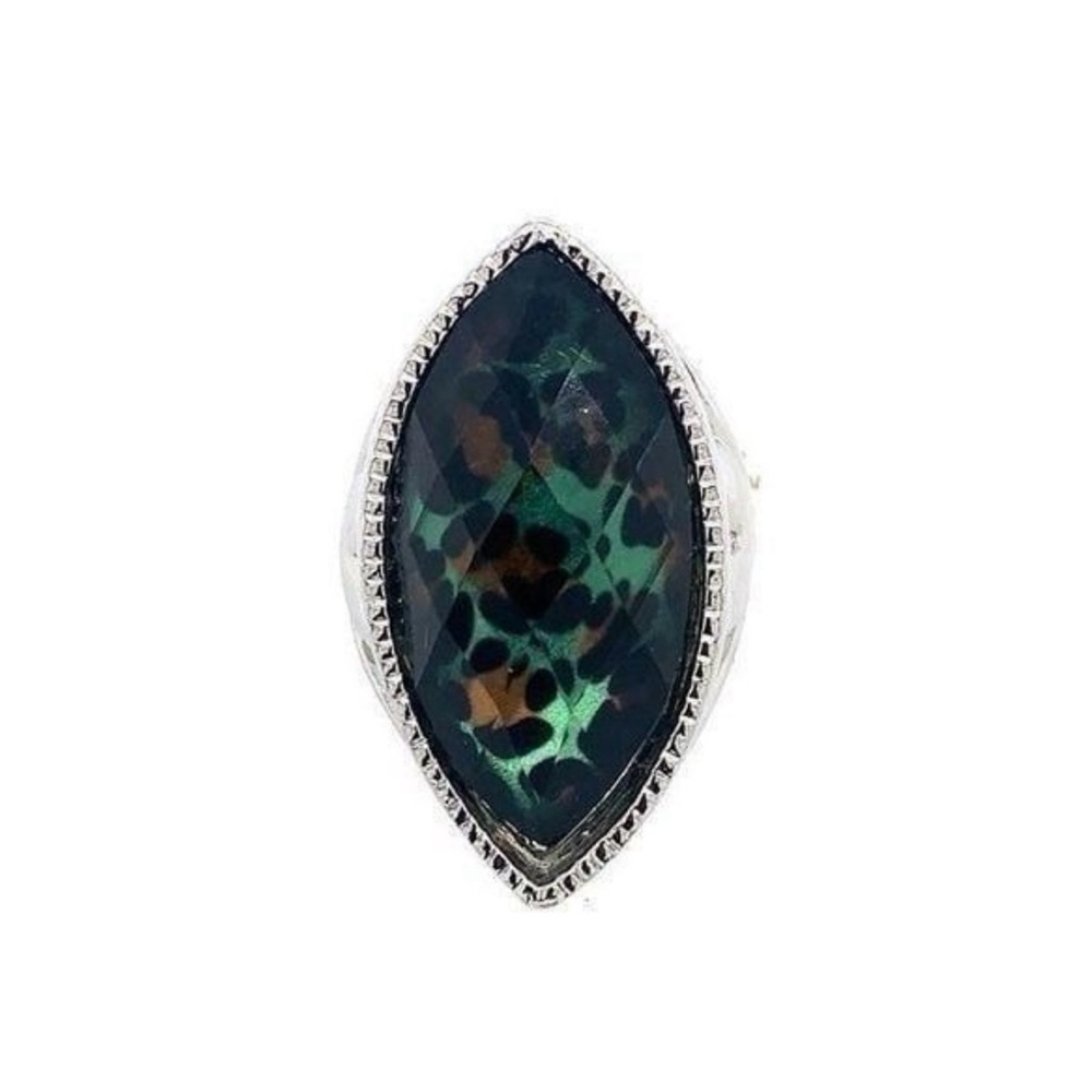 Silver Marquise Green Leopard-Print Statement Ring - Picture 1 of 4